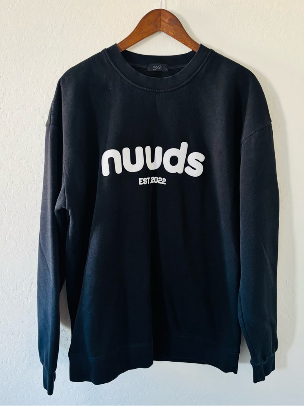nuuds Black Crewneck Sweatshirt with White Logo Fleece Lined Size Large